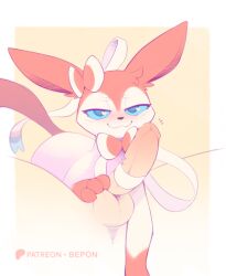 ambiguous_feral ambiguous_gender aroused b-epon balls bedroom_eyes blue_eyes blue_sclera blush blush_lines bow_ribbon cute_fangs disembodied_penis duo eeveelution erection face_squish fangs feral fur generation_6_pokemon genitals gloves_(marking) hi_res human human_on_feral humanoid_genitalia humanoid_penis interspecies long_ears looking_at_viewer male male/ambiguous male_human mammal markings multicolored_body multicolored_fur narrowed_eyes nintendo pawpads penile penis penis_on_face pink_body pink_fur pokemon pokemon_(species) pokephilia ribbonjob seductive simple_background squish sylveon tail teeth tentacle white_body white_fur wrapped zoophilia