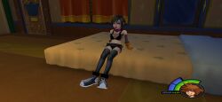 final_fantasy fishnets kingdom_hearts leggings mod purple_eyes quietkid2005 short_hair shorts shortstack sitting slim_waist slut_collar square_enix super_smash_bros._ultimate yuffie_kisaragi