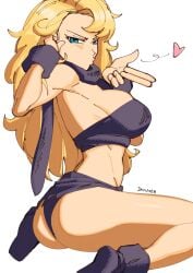 1girls 3amsoda arm_behind_head artist_name ass ayla_(chrono_trigger) big_breasts blonde_hair blowing_kiss blue_eyes breasts busty cavewoman chrono_(series) chrono_trigger feet female female_only from_side heart highres large_breasts legs long_hair looking_at_viewer midriff panties pink_lips pose posing puckered_lips sensual sideboob sitting solo solo_female solo_focus strapless thighs toned tube_top underwear voluptuous