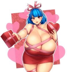 big_breasts breasts chocolate_box erkaz erkaz_(artist) erkazooya errorkazoo gift_bow gift_wrapped gift_wrapped_female heart huge_breasts looking_at_viewer red_dress rina_atherina rina_atherina_(errorkazoo) valentine's_day