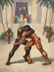 1952 barefoot blonde_hair bulge dark-skinned_male dark_skin ear_ring egyptian fine_art gay george_quaintance guard light_skin male male_only multiple_boys muscular nipples original outdoors palm_tree traditional_media wrestling yaoi