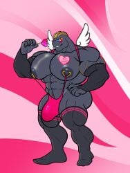 1boy bara buff bulge bulge_through_clothing bulge_through_swimsuit machoke mankini pecs pink_mankini pokemon pokemon_(species) sexy valentines_day