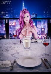 1female 1girls 3d 3d_render blender blender_(artwork) blender_(software) blender_cycles boobs_out breasts breasts_out city_background cityscape clothed clothed_female clothing date dinner dinner_date dinner_table dress female k/da_series league_of_legends league_of_legends:_wild_rift night night_sky pov riot_games seraphine_(league_of_legends) showing_breasts showing_off sioppx teasing tits_out