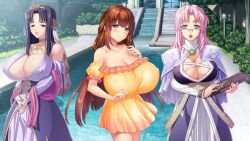 3girls asking bare_shoulders book breasts brown_hair cleavage clothed_female dark_blue_hair discussion edit emeraria female female_only game_cg gigantic_breasts huge_breasts hyper_breasts kyonyuu_fantasy kyonyuu_fantasy_gaiden kyonyuu_fantasy_gaiden_2 large_breasts long_hair maou_ga_gendai_sekai_ni_tensei_shitara_oppai_o_medenakute_wa_naranaku_natta_ken married_woman massive_breasts mature_female nipples_visible_through_clothing older_sister pink_hair pool prime_minister queen rokusaanu_do_dejiiru tiara window yawato_iroha