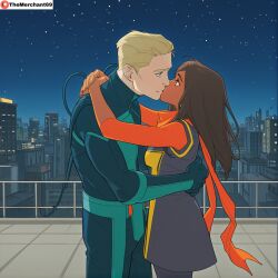 1boy 1boy1girl 1girl 1girl1boy ai_generated american american_male artist_name blonde_hair blonde_hair_male blue_eyes blue_eyes_male brown_eyes brown_eyes_female brown_hair brown_skin brown_skinned_female building buildings dark-skinned_female discord_(marvel) embrace embracing embracing_each_other female interracial joshua_richardson kamala_khan kiss kissing light_skin light_skinned_male lights looking looking_at_another looking_at_partner love male male/female marvel marvel_comics ms._marvel_(kamala_khan) muslim muslim_female night night_sky pakistani pakistani_female railing rooftop scarf starry_sky stars superhero superheroine themerchant69