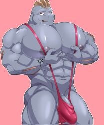 bara buff machoke mankini pecs_grab pink_mankini pokemon pokemon_(species) sexy