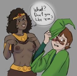 1boy 1boy1girl 1girls blush dark-skinned_female diana_the_acrobat dungeons_and_dragons_(cartoon) flashing_breasts light-skinned_male presto_the_magician shy