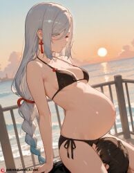 ai_generated anus beautfiul_background bikini breasts disheveled facesitting flat_chest hair_messy pregnant railing shenhe_(genshin_impact) stunning_backgroud