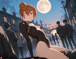 1boy 2025 ai_generated athletic_leotard breasts brown_eyes brown_hair double_bun female full_moon laufen_(sousou_no_frieren) navel short_hair small_breasts sousou_no_frieren