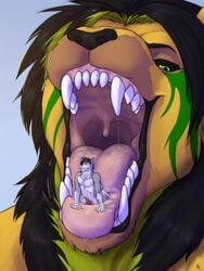 2016 5_fingers all_fours animal_genitalia animal_penis anthro arleon_the_king black_hair black_nose brown_fur canine canine_penis closed_eyes duo erection fangs feline fur gaping_mouth green_eyes green_fur grey_fur hair husky larger_male lion macro male mammal mane mouth_shot multicolored_fur nude open_mouth oral_vore penis pink_tongue saliva signature simple_background size_difference smaller_male smile solaxe_(artist) teeth tongue tongue_out two_tone_fur uvula vore white_fur yaoi yellow_fur