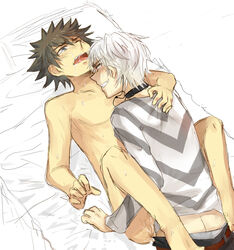 2boys accelerator anal ass_juice evil_grin grin kamijou_touma lying male_only multiple_boys open_mouth sex smirk tagme to_aru_majutsu_no_index wince yaoi