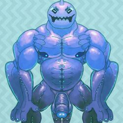 1boy anthro anthrofied belly big_penis black_sclera blue_background blue_penis erection fish foreskin humanoid_penis looking_at_viewer male male_only muscular nintendo nipples nude open_mouth penis pokemon pokemon_sm precum solo standing testicles uncut video_games white_eyes wishiwashi zetrocci