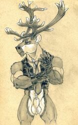 1boy animal_genitalia anthro antlers balls bottomless cervine clothed clothing fingerless_gloves front_view frown fully_sheathed gloves horn leather looking_at_viewer male male_only mammal monochrome necktie pencil_(artwork) pinup portrait pose reindeer sheath solo three-quarter_portrait traditional_media_(artwork) tush uhoh