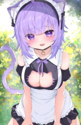 :d absurdres ahoge animal_ear_fluff animal_ears apron ayama_nano bangs black_choker black_dress blush breasts cat_cutout cat_ears cat_girl cat_tail choker cleavage cleavage_cutout clothing_cutout dress female frilled_apron frills heart_cutout highres hololive hololive_gamers hololive_japan large_breasts looking_at_viewer medium_hair nekomata_okayu oerba_yun_fang purple_eyes purple_hair short_sleeves smile solo tail tail_raised virtual_youtuber white_apron