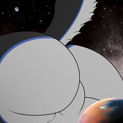 1boy 2016 anthro artist_request ass astronomical_hyper backsack balls big_butt black_fur blue_fur butt_shot canine detailed_background earth faceless_male fur grey_fur hi_res macro male male_only mammal multicolored_fur nude perineum planet raised_tail solo space star vector_neonheart wolf yoshils