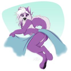 2016 blue_eyes clitoris cloth female fur hair kwik looking_at_viewer nude purple_fur pussy raised_tail solo white_hair