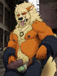 1boy anthro arcanine ball_bulge bara biceps black_nose blonde_hair body_fur clothing erection foreskin foreskin_folds forge_(artist) humanoid_penis intact long_hair_male male male_nipples male_only male_pubic_hair male_thong mammal mane masculine nintendo open_bodysuit orange_fur penis pokemon pokemon_(species) red_eyes retracted_foreskin solo thewielder tongue tongue_out uncut veiny_penis video_games zsisron