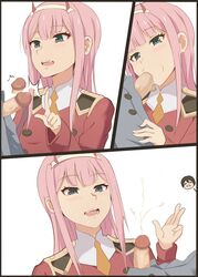 1boy 1girls blue_eyes cumshot darling_in_the_franxx duo eyebrows_visible_through_hair fellatio green_eyes light-skinned_female light-skinned_male light_skin pink_hair uncensored verseir_001 zero_two_(darling_in_the_franxx)