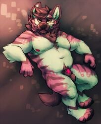 1boy 2016 4_toes 5_fingers abstract_background animal_genitalia anthro armpit_hair armpits balls claws front_view full-length_portrait fur garnetto hair hi_res hyena laika_(captain_otter) looking_at_viewer male male_only mammal multicolored_fur navel nipples nude penis penis_tip pink_fur pink_hair pink_nipples pink_stripes pinup portrait pose sheath smile smirk solo striped_fur striped_hyena stripes toe_claws toes white_fur yellow_eyes