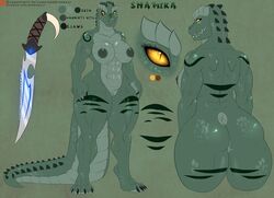 2016 abs anthro areola ass breasts claws crocodile crocodilian dagger doomthewolf fat_mons female full-length_portrait full_length hi_res huge_breasts hunter melee_weapon model_sheet muscular_female nipples nude perky_breasts portrait reptile scales scalie scar shamira_(doomthewolf) sharp_claws sideboob slit_pupils solo standing thick_thighs weapon wide_hips yellow_sclera