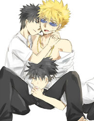 3boys barefoot blonde_hair cum cum_in_mouth drooling erection glasses grin kamijou_touma male_only multiple_boys naughty_face penis saliva sitting smile smirk tagme to_aru_majutsu_no_index tsuchimikado_motoharu undressing yaoi