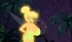 1girls blonde_hair blue_eyes breasts busty cleavage disney disney_fairies edit fairy fairy_dust fairy_wings large_breasts lipstick peter_pan_(disney) pixie_dust screenshot screenshot_edit tagme tinker_bell voluptuous