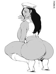 2d ana_amari anus ass beret black_hair blizzard_entertainment buru dat_ass female female_only horus_ana long_hair looking_back monochrome overwatch pussy pussy_juice pussy_juice_drip solo