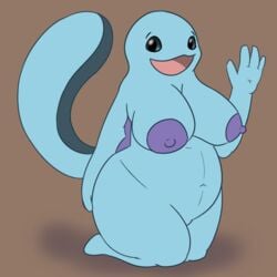 4_fingers amphibian anthro areola armpits barefoot big_breasts black_eyes black_sclera blue_skin breasts erect_nipples female kneeling looking_at_viewer navel nintendo nipples nude open_mouth overweight pokemon posexe quagsire simple_background slightly_chubby smile solo thick_thighs tongue video_games wide_hips