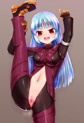 1girls anus areolae arms_up ass belt blue_hair blush bodysuit breasts chaps commentary_request female gloves human king_of_fighters kula_diamond leg_up long_hair looking_at_viewer navel nipples open_clothes open_mouth pussy pussy_juice red_eyes smile solo splits spread_legs standing standing_on_one_leg unikurage vertical_splits