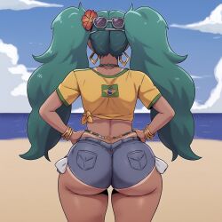 1girls ai_generated ass beach big_ass big_thighs brazil brazilian brazilian_female brazilian_miku breasts clothed clothing cyan_eyes cyan_hair dark-skinned_female dark_skin denim_shorts female female_only hands_on_hips hatsune_miku hentaiqrusader huge_ass huge_thighs latin_american_hatsune_miku_(meme) long_hair shirt shorts solo solo_female tagme tan tan_body thick_hips thick_thighs thighs twintails viewed_from_behind vocaloid yellow_shirt