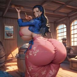 1girls ai_generated ass barrel big_ass big_breasts bikini_top black_hair blue_eyes bubble_ass bubble_butt curvaceous curvy_female dress female female_only holding_object huge_ass jacket large_breasts light-skinned_female light_skin long_hair looking_back nico_robin one_piece painting pawg pirate pirate_ship smoke696 thick thick_ass thick_thighs voluptuous voluptuous_female wide_hips