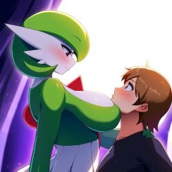 1boy ai_generated assertive_female big_breasts female gardevoir mullon nervous novelai pokemon pokemon_(species) pokemon_rse pokephilia seductive