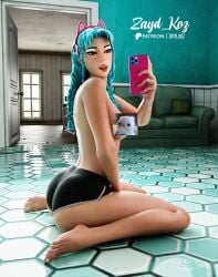 1girls ass blue_eyes blue_hair booty booty_shorts female female_only fortnite fortnite:_battle_royale human katalina_(fortnite) no_visible_genitalia novelty_censor solo tongue tongue_out twin_braids twintails zayd_koz