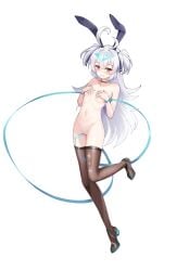 absurdres ahoge animal_ears antenna_hair arm_cuffs arms_up bare_shoulders between_thighs black_ribbon blue_ribbon blush breasts brown_thighhighs covering_breasts covering_privates designer_lilibet_(epic_seven) diamond_(shape) epic_seven fake_animal_ears female grey_hair hair_between_eyes hair_ribbon highres leg_lift lilibet_(epic_seven) long_hair navel nude open_mouth pussy red_eyes ribbon small_breasts standing standing_on_one_leg stomach teeth thighhighs transparent_background triangle_hair_ornament two_side_up zesto