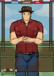 boner_in_pants boner_under_clothes bulge copyright_name english english_text grow_a_garden hat monocle muscles muscular muscular_male pecs roblox roblox_avatar roblox_background roblox_game roblox_studio shirt steven_(grow_a_garden) text