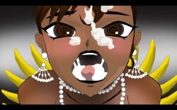 1girls 2d ahe_gao banana cum cum_in_mouth cum_on_face dark-skinned_female dark-yoka18 dark_skin earrings eyes_open female_focus josephine_baker kagami_hirotaka necklace open_mouth open_wide pearl_necklace simple_background sperm taimanin_(series) taimanin_asagi taimanin_style tasting_cum