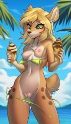 anthro bikini blonde_hair breasts brown_body brown_fur chest_tuft clothing day deer dessert female food freckles front_view fur genitals green_eyes hair hi_res ice_cream ice_cream_cone innie_pussy luryry mammal melting_ice_cream nipples outside pink_nipples pussy sky small_breasts solo standing swimwear tuft two-piece_swimsuit wardrobe_malfunction