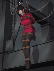 ada_wong arms_tied_behind_back big_breasts bondage bondage capcom clothed defeated_heroine hanging_from_ceiling heel_boots leather_boots resident_evil resident_evil_4_remake rope_bondage rope_harness skelebomb spy sweater_dress tape tape_gag taped_mouth thigh_boots thighhigh_boots tied_to_ceiling