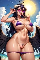 ai_generated albedo_(overlord) beach beach_background big_breasts black_hair hairy_pussy huge_breasts long_tongue overlord overlord_(maruyama) panties_around_leg panties_down pants_down succubus succubus_horns succubus_wings thick_hips thick_legs thick_thighs wide_hips