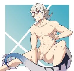 1boy abs angry bare_legs bare_shoulders censored clenched_teeth collarbone corrin_(fire_emblem) corrin_(fire_emblem)_(male) dragon_boy dragon_tail fire_emblem fire_emblem_fates grey_hair hair_between_eyes legs male male_only mrpenguin muscular muscular_male nintendo penis pointy_ears red_eyes sharp_fingernails short_hair shoulders solo tail testicles