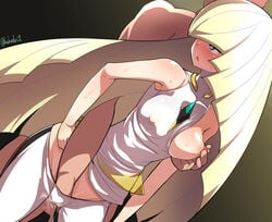 1boy @_@ @kakudai1 aether_foundation areolae black_background blonde_hair blush breast_out breasts clothed covered_nipples drooling erect_nipples female fingering from_behind god@man green_eyes hair_over_one_eye long_hair looking_back lusamine_(pokemon) nipple_pinch nipple_tweak nipples open_mouth pokemon pokemon_sm pussy_juice reach_around saliva solo_focus spiral_eyes standing sweat text very_long_hair wet