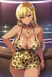 1girls ai_generated big_ass big_breasts black_nails blonde_hair bracelet brown_eyes choker clothed dress earrings female gal gyaru gyaru_gal hoop_earrings indoors kuro_gyaru leopard_print lipstick long_hair looking_at_viewer makeup necklace pink_lipstick solo solo_female standing sweat tan_body tan_skin tanned tanned_female tanned_girl thick_thighs wide_hips yellow_dress