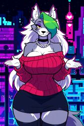 ai_generated alternate_breast_size alternate_costume anthro breasts_bigger_than_head choker cleavage cleavage_overflow collar exposed_shoulders eyeshadow female_focus female_only five_nights_at_freddy's furry furry_female furry_focus furry_only giant_breasts glasses hair_over_eye ight_skirt large_breasts long_hair looking_at_viewer majorfluffy makeup mature_female narrow_waist neon neon_background novelai pearl_necklace roxanne_wolf_(fnaf) skirt smile sweater thick_thighs thigh_highs tight_clothing white_hair wide_hips