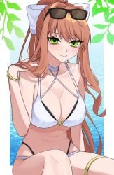 breasts cleavage doki_doki_literature_club female female_only geppei looking_at_viewer monika_(doki_doki_literature_club) pointy_chin solo swimsuit white_bow