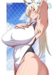 arind_yudha big_breasts blonde_hair blue_archive blush breasts female huge_ass huge_breasts kanna_(blue_archive) kanna_(swimsuit)_(blue_archive) solo thick_thighs