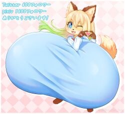 1girls anthro baby_blue_clothing big_breasts blue_eyes blush breasts brown_ears brown_fur brown_tail dipstick_tail enormous_breasts eyelashes female female_only fluffy_ears fox_girl gigantic_breasts gradient_hair green_hair hand_gesture heart_hands hyper hyper_breasts inner_hair japanese_text long_sleeves one_eye_closed pattern_background paws pink_background round_eyes shortstack small_but_busty tail tareme translation_request wink yu_fox