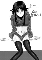 ... 02_giwa aiden_(kaaatie) artist_name emotionless female fundamental_paper_education hoodie long_socks looking_at_viewer monochrome pants simple_background sitting twitter_trend twitter_username