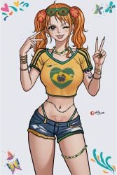 brazilian_miku_(cosplay) cosplay female female_only green_panties hair_ornament hatsune_miku_(cosplay) jeans_shorts nami nami_(one_piece) one_piece panties prixmal shorts solo v