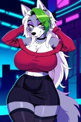 ai_generated alternate_breast_size alternate_costume amber_eyes anthro breasts_bigger_than_head cleavage collar exposed_shoulders eye_visable_through_hair eyeshadow female_focus female_only five_nights_at_freddy's five_nights_at_freddy's:_security_breach fnaf furry furry_female furry_focus furry_only giant_breasts hands_behind_head large_breasts long_hair majorfluffy makeup mature_female midriff narrow_waist novelai pearl_necklace roxanne_wolf_(fnaf) smile sweater thick_bottom_lip thick_thighs thigh_highs thunder_thighs tight_clothing waist_belt white_hair wide_hips