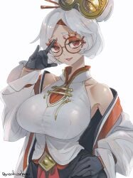 \m/ absurdres bare_shoulders big_breasts black_gloves breasts collarbone female gloves grey_background hair_ornament hand_on_own_hip highres jacket large_breasts long_sleeves looking_at_viewer mommy nintendo no noah_(tettsui-sole) noaharbre open_mouth purah purah_(tears_of_the_kingdom) red-framed_eyewear red_eyes round_eyewear round_glasses short_hair simple_background smile solo tears_of_the_kingdom the_legend_of_zelda the_legend_of_zelda:_tears_of_the_kingdom twitter_username white_hair white_jacket